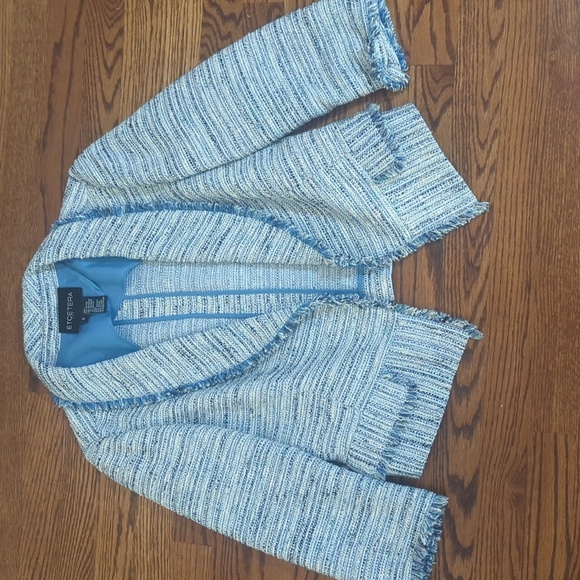Etcetera Lux Blue Tweed Fringed Cropped Shorter 3/4 Jacket Blazer Sz 6 - Picture 8 of 12